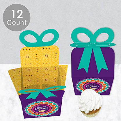 Big Dot of Happiness Happy Diwali - Square Favor Gift Boxes - Festival of Lights Party Bow Boxes - Set of 12