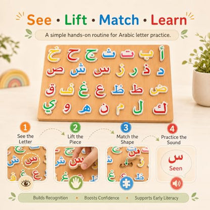 NUOBESTY Arabic Alphabet Puzzle for Kids, Beech Wood Arabic Letter Matching Board Montessori Style Educational Learning Toy Parent Child Playset for Home (11.42 x 8.46 in)