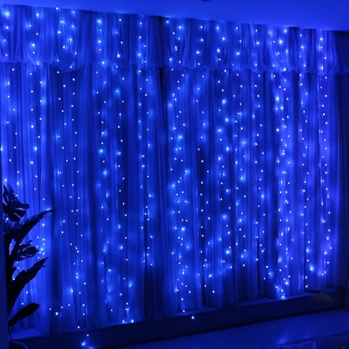 HXWEIYE 300LED Fairy Curtain Lights, 9.8x9.8Ft USB Plug-in 8 Modes Christmas String Hanging Lights with Remote for Bedroom Backdrop Wedding Indoor Wall Decor, Blue, Standard – 1 Pack - color: Blue, size: Standard – 1 Pack