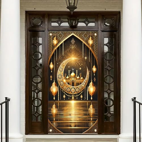 Ramadan Eid Door Cover Banner 71 x 35 Inch Golden Crescent Mosque Lantern Design Islamic Holiday Decoration for Front Door Indoor Outdoor Festival Decor - color: Style 1