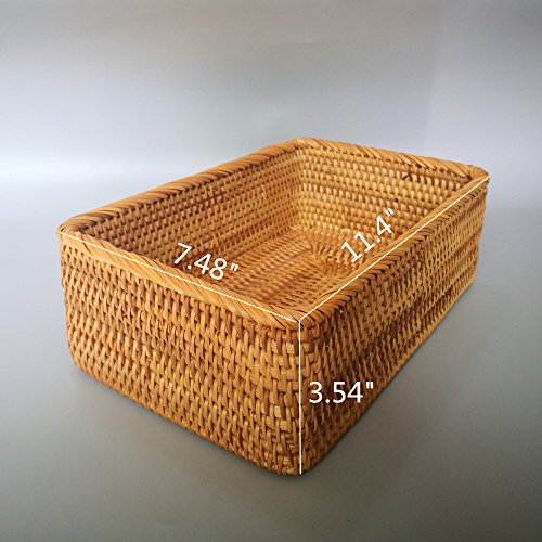 Handmade Rectangle Wicker Fruit Box Rattan Tray Magazine Organizer and Small Objects Container Serving Basket (Large) - size: Large