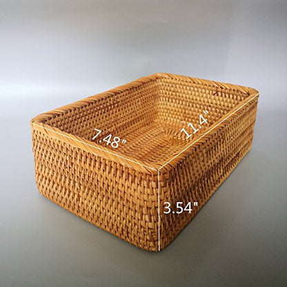 Handmade Rectangle Wicker Fruit Box Rattan Tray Magazine Organizer and Small Objects Container Serving Basket (Large) - size: Large
