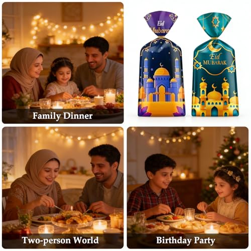 100 Pcs Eid Mubarak Cellophane Bags 4 Styles Ramadan Cello Bag Moon Star Castle Candy Bags with Twist Ties Multi-Color Treat Gift Bag for Goodies Ramadan Festival Party Favor