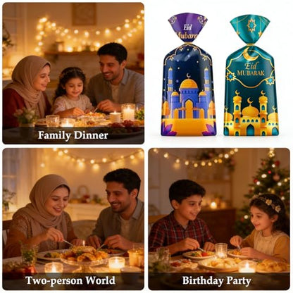 100 Pcs Eid Mubarak Cellophane Bags 4 Styles Ramadan Cello Bag Moon Star Castle Candy Bags with Twist Ties Multi-Color Treat Gift Bag for Goodies Ramadan Festival Party Favor