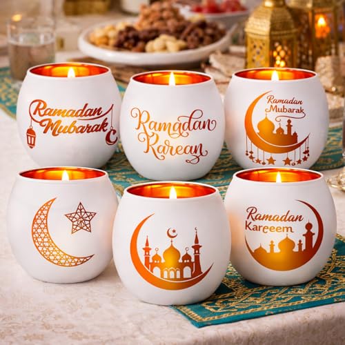 FoldTier 6 Pcs Ramadan Table Decor Ramadan Mubarak Candle Holders Glass Eid Mosque Decoration Votive Tealight Candle Holders for Muslim Gift Tabletop Centerpieces Islamic Party Home Decoration - style: Eid