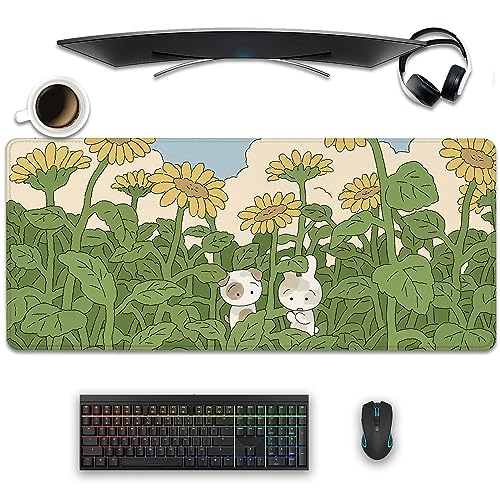 Sunflower Desktop Mouse Pad Large,Cute Mouse Pads,Cartoon Anime Mouse Mat for Desk,Desk Mat with Stitched Edges,Non-Slip Waterproof Rubber Base,Keyboard Computer Office Home Work(27.5X11.8 in) - color: Sunflower and 2 Rabbits