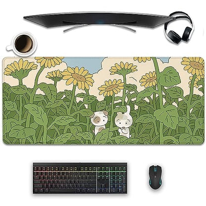 Sunflower Desktop Mouse Pad Large,Cute Mouse Pads,Cartoon Anime Mouse Mat for Desk,Desk Mat with Stitched Edges,Non-Slip Waterproof Rubber Base,Keyboard Computer Office Home Work(27.5X11.8 in) - color: Sunflower and 2 Rabbits