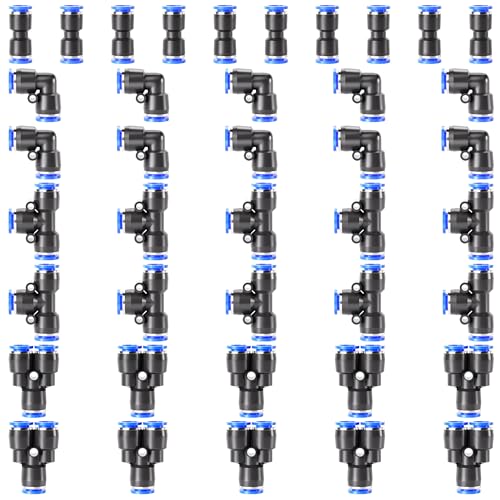 TAILONZ PNEUMATIC 5/32 Inch od Push to Connect Fittings Pneumatic Fittings Kit 10 Spliters+10 Elbows+10 tee+10 Straight (40 pcs) - color: Blue, size: 5/32"OD/40PCS