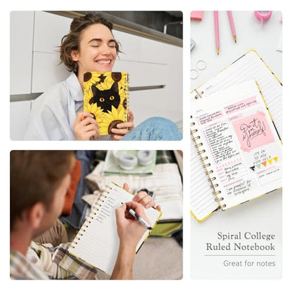 Lined Spiral Journal Notebook, A5 College Ruled Spiral Notebook for Women, Hardcover with Elegant Design for Work and Note-Taking, 5.5 * 8.25 inch, 160 Pages, Sunflower Cat - color: Sunflower