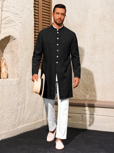 Runcati Mens Kurta Coats Indian Mandarin Collar Attire Ethnic Outfits Wedding Festive Party Clothing Casual Kaftan Robe - color: Black, size: X-Large