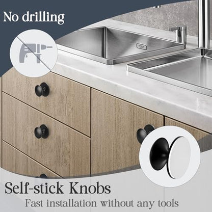 Adhesive Cabinet Knobs 4pcs Black Self-Stick Knobs Drill Free Dresser Drawer Pulls Stainless Steel Stick On Handles for Medicine Cabinets Drawer Cupboards Glass Sliding Door Terrarium Lid - color: Black