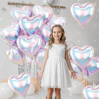 Iridescent Heart Balloons, 10PCS Rainbow Foil for Mermaid Birthday Party - color: Iridescent