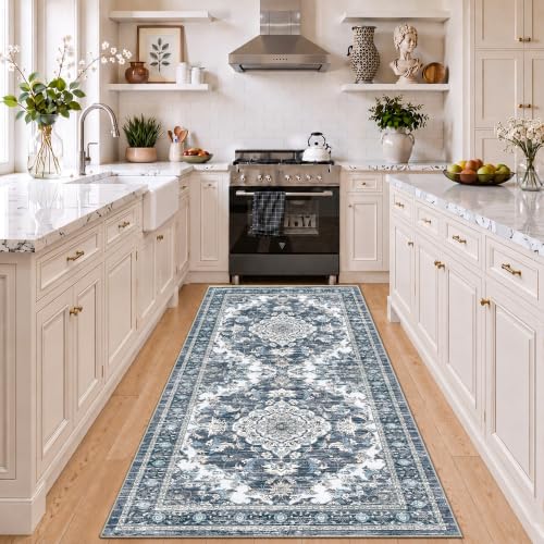 2x6 Boho Washable Runner Area Rugs, Non Slip Foldable Carpets, Dark Blue - color: Dark Blue, size: 2' x 6' (Rectangular)