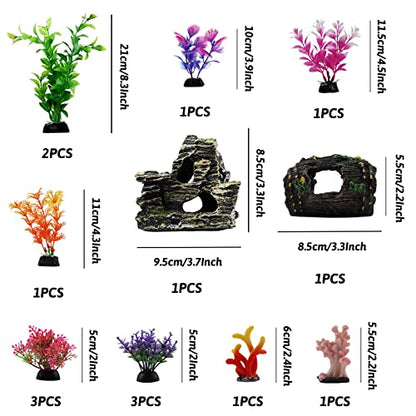 Fish Tank Decorations Plants with Resin Broken Barrel and Cave Rock View, 15pcs Aquarium Decorations Plants Plastic,Fish Tank Accessories, Fish Cave and Hideout Ornaments, Aquarium Decor