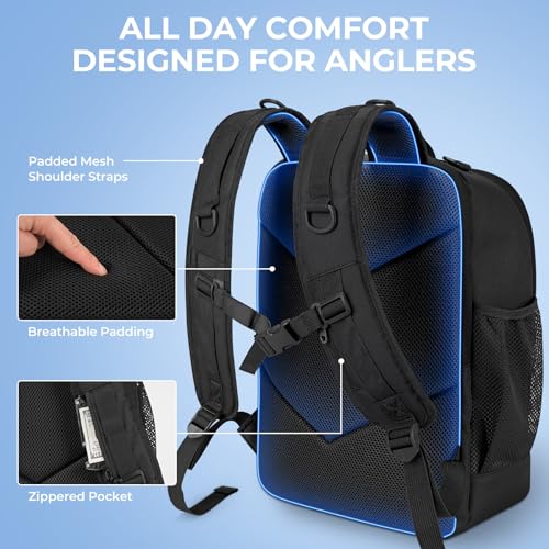 KastKing KarryAll Fishing Backpack with Rod Holder 4 Tackle Boxes, 40/26L | Tackle Bag Storage Fishing Gear and Equipment, Water‑Resistant Material, Fishing Gift for Men - color: D: Medium (26 L) - Black