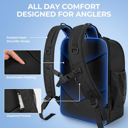 KastKing KarryAll Fishing Backpack with Rod Holder 4 Tackle Boxes, 40/26L | Tackle Bag Storage Fishing Gear and Equipment, Water‑Resistant Material, Fishing Gift for Men - color: D: Medium (26 L) - Black