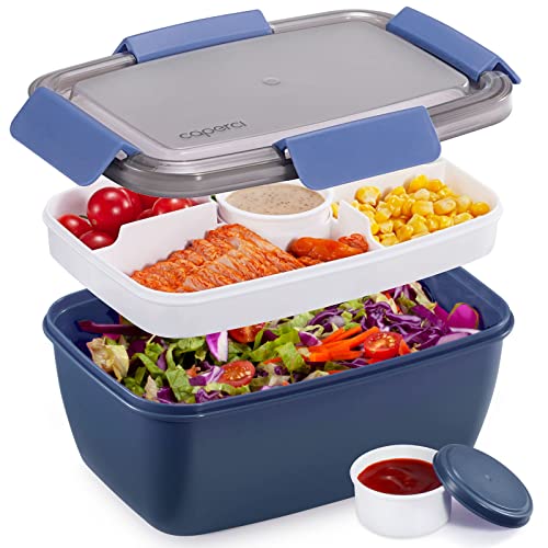 Caperci Large Salad Container Bowl for Lunch - Better Adult Bento Lunch Box 68 oz, 5-Compartment Tray, 2pcs 3-oz Sauce Cups, Stackable, BPA-Free (Navy) - color: Navy