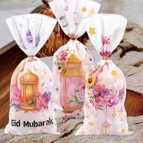 Sanfly Eid Mubarak Goodie Bags 50 Pcs Ramadan Gift Bags, Watercolor Moon Flower Print Eid Theme Plastic Candy Snack Pouch