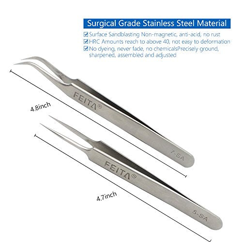 FEITA Precision Eyelash Extension Tweezers Set - Professional Straight & Curved Pointed Very Fine Tip Tweezers for Lash Extensions - Silver - 2Pcs - color: Silver Tweezers - 2pcs