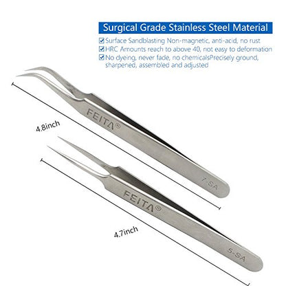 FEITA Precision Eyelash Extension Tweezers Set - Professional Straight & Curved Pointed Very Fine Tip Tweezers for Lash Extensions - Silver - 2Pcs - color: Silver Tweezers - 2pcs