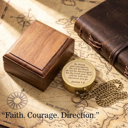Compass – Brass Directional Vintage Compass Engraved with “Be Strong and Courageous” Joshua 1:9 Bible Verse, Baptism 2026 Communion Christian Inspirational Gifts for Women/Men - style: Be Strong 3- Wood Box