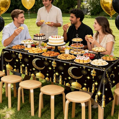 Eid Mubarak Tablecloth Ramadan Decorations for Table Ramadan Mubarak Table Cover for Eid Al-fitr Muslim Islam Party Decor Sign 54 x 108 Inch Black & White