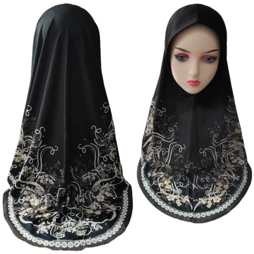 Ready To Wear Instant Hijab 여아용 무슬림 슬립온 키마르 꽃무늬 히잡 스카프 여성용 히잡 이슬람 아바야 터번 - color: 블랙 13#