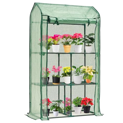 Purlyu Mini Greenhouse for Indoor Outdoor, Small Plastic Plant Green House Rack Stand Portable Greenhouses with Durable PE Cover for Seedling 60 "x 35"x 16",20 Pcs T-Type Plant Tags Include（PLGH4053G）