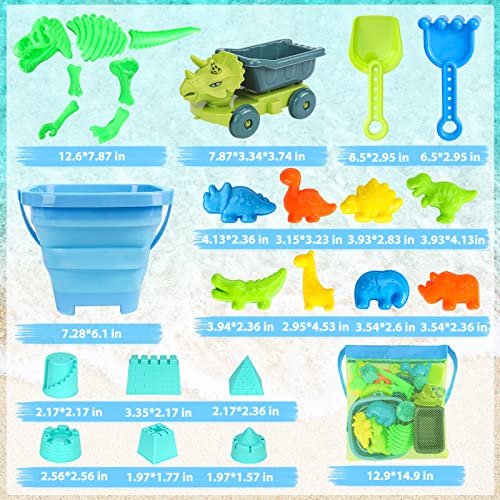 FUSPWEAO Beach Toys with Dump Truck, Collapsible Bucket for Kids Ages 3-12 | Dinosaur Sand Play Set with Sand Molds, Travel Mesh Bag for Sandbox, Backyard, Summer Beach Games, Multi-Scene Outdoor Fun