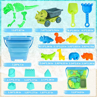 FUSPWEAO Beach Toys with Dump Truck, Collapsible Bucket for Kids Ages 3-12 | Dinosaur Sand Play Set with Sand Molds, Travel Mesh Bag for Sandbox, Backyard, Summer Beach Games, Multi-Scene Outdoor Fun