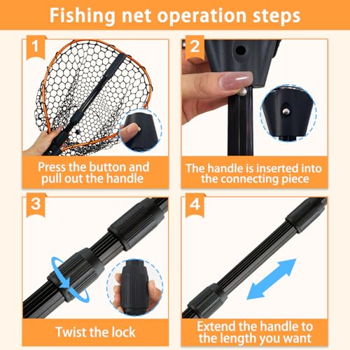 Telescoping Metal Lock Fishing Net Blue Aluminum Alloy Rubber Fish Net - Adjustable Length Lightweight Foldable Large Fishing Net with Handle Collapsible Extendable Fishing Accessories - color: Orange:3-section pole|length:63.7"