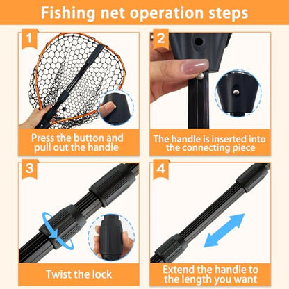 Telescoping Metal Lock Fishing Net Blue Aluminum Alloy Rubber Fish Net - Adjustable Length Lightweight Foldable Large Fishing Net with Handle Collapsible Extendable Fishing Accessories - color: Orange:3-section pole|length:63.7"