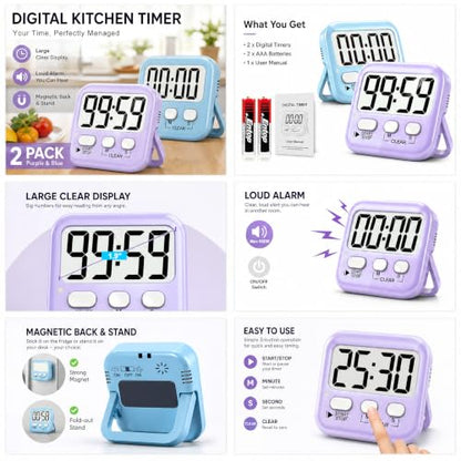 2 Pack Digital Timer for Kids Classroom Kitchen Timers for Cooking | w/ Battery, Easy to View, Alarm, Mute Mode, Count Down/Up, Magnetic, Kickstand, Hanging, Classroom Timer for Teacher Supplies - color: 2 * Sky Blue + Lavender Purple