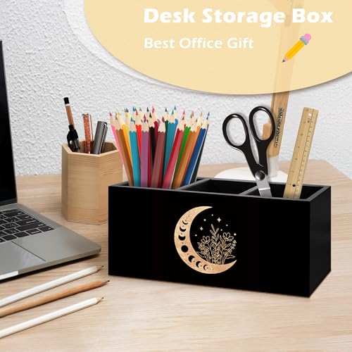 Witchy Floral Moon Pen Holder Organizer Desk Decor, Witchy Room Decor, Boho Black Gold Celestial Crescent Moon Phase Wooden Pen Pencil Holders for Home Office Desk Accessories