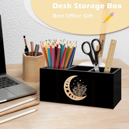 Witchy Floral Moon Pen Holder Organizer Desk Decor, Witchy Room Decor, Boho Black Gold Celestial Crescent Moon Phase Wooden Pen Pencil Holders for Home Office Desk Accessories
