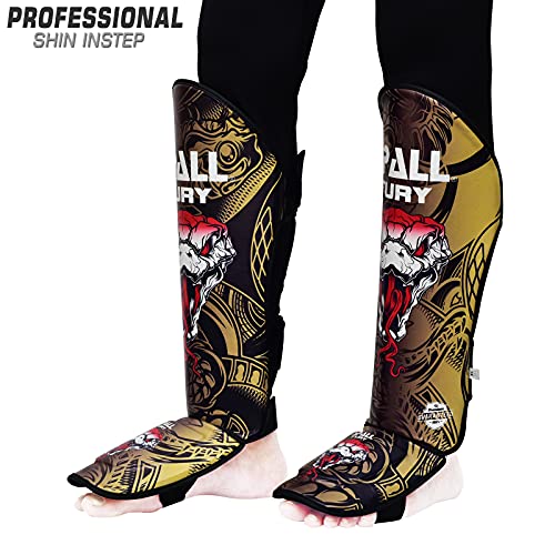 Muay Thai Shin Guards for Kickboxing Martial Arts BJJ Boxing Equipment MMA Training and Sparring Leg Guard with Instep Protection Pads - color: Fury-Golden, size: Large/Xlarge