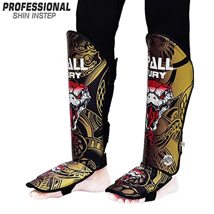Muay Thai Shin Guards for Kickboxing Martial Arts BJJ Boxing Equipment MMA Training and Sparring Leg Guard with Instep Protection Pads - color: Fury-Golden, size: Large/Xlarge