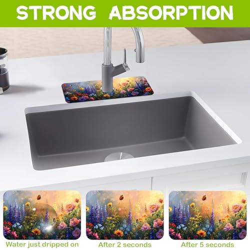 Kitchen Sink Splash Guard Faucet Mat Super Absorbent Fast Drying Mat Guard Behind Faucet Drip Catcher for Kitchen Bathroom (Flowers Bees in the Garden, 23.5"X5.5")