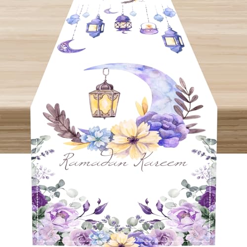 Floral Moon Table Runner, Watercolor Purple Moon Flowers Stars Ramadan Eid Star Mubarak Seasonal Traditional Summer Blue Table Decor for Home Party Supplies Indoor Outdoor 13x36 inch - color: Ramadan-8, size: 13x36" Table Runner