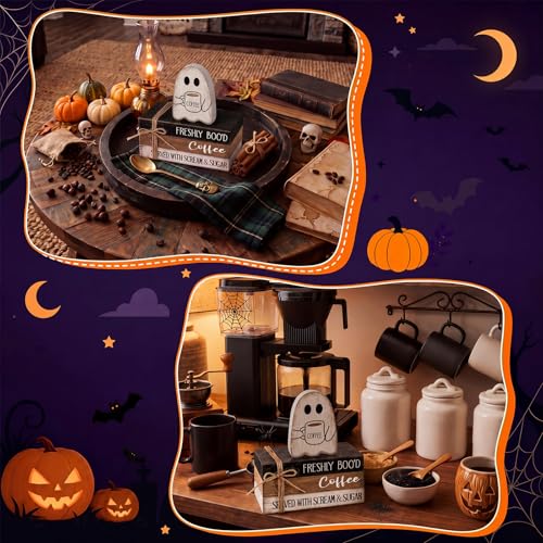 4 Pcs Halloween Table Decorations Halloween Ghost Tiered Tray Decorations Rustic Mini Ghost Coffee Wooden Books Bolck Signs Centerpiece for Farmhouse Office Shelf Tabletop Office Bookshelf - style: Halloween