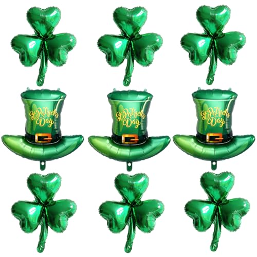 St. Patrick's Day Balloons Set, 9PCS Lucky Shamrock Green Hat Mylar Foil Balloons for St Patrick's Day Birthday Baby Shower Wedding Irish Themed Party Decoration Supplies - color: Green