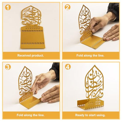 3 Pcs Gold Metal Ramadan Decorations for Home 2026, Eid Mubarak Kareem Sign Islamic Table Centerpiece Fireplace Decor, Arabic Crescent Moon Stand Lantern Star Candle Holders, Muslim Gifts