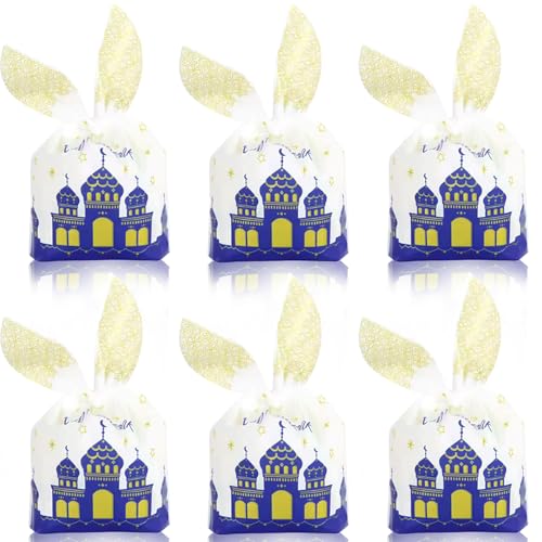 KTBANBANNEY 100 Pcs Eid Mubarak Candy Treat Bags with Stand-up Bottom White Gold Ramadan Mubarak Ramadan Kareem Goodie Snack Gift Bag For Party Decorations - color: Blue House