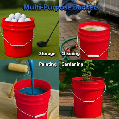 5-Gallon Bucket with Airtight Lid – Made in USA, Food Grade BPA Free Plastic, Heavy Duty Multi-Use, Metal Handle with Grip, Stackable Storage – Red, 6 Pack - color: Red, size: 6