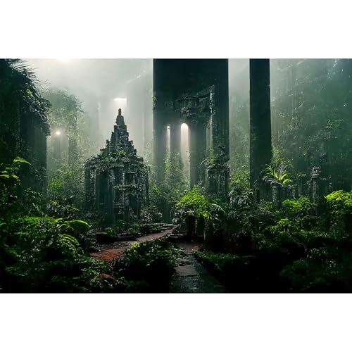 Fantasy Ancient Temple Aquarium Background Jungle Stone Columns Mysterious Foggy Rainforest Green Plants Fish Tank Background Magical Misty Rock Ruins Reptile Tank Enclosure Backgrounds 24x16in - color: Foggy Green, size: 24(W)x16(H)inches/ 60(W)*40cm(H)