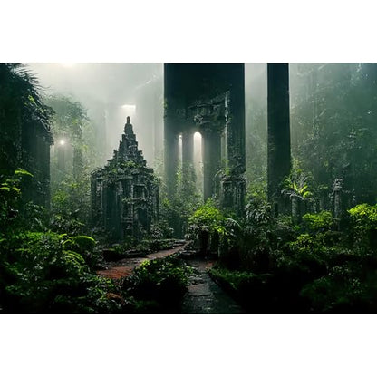 Fantasy Ancient Temple Aquarium Background Jungle Stone Columns Mysterious Foggy Rainforest Green Plants Fish Tank Background Magical Misty Rock Ruins Reptile Tank Enclosure Backgrounds 48x24in - color: Foggy Green, size: 48(W)x24(H)inches/ 120(W)*60cm(H)