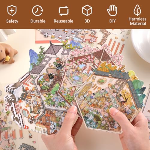 Girls 3D Miniature Scene Stickers, 4 Sets Chinese Courtyard DIY House Stickers for Lunar New Year, Spring, Summer, Auturn, Cute 3D Cartoon Sticker Scenes for Adult Kids Relief Stress Pass The Time - style: Chinese Style