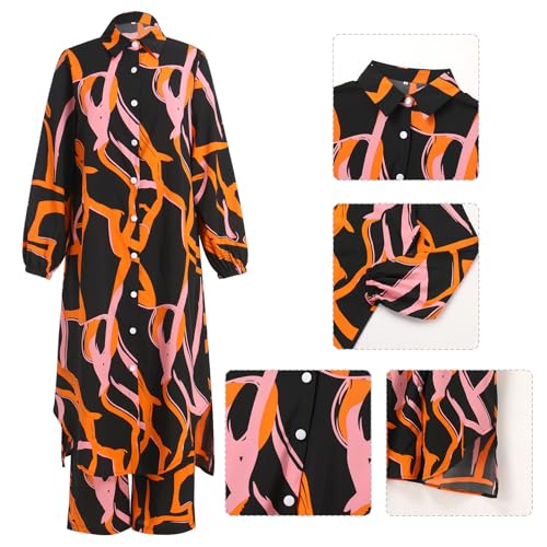 IDOPIP Abaya Dress for Women Muslim Set Long Sleeve Ramadan Islamic Dress Shirt with Pants 2PCS Dubai Prayer Casual Clothes - color: Black - Print, size: Large