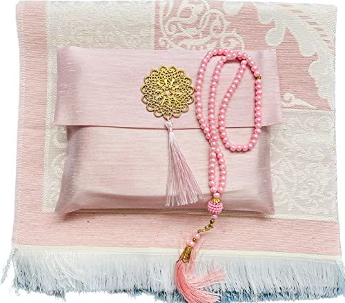 Muslim Prayer Rug and Beads with Elegant Slub Fabric Bag | Janamaz | Sajadah | Soft Islamic Prayer Rug | Islamic & Mawlid Gifts | Prayer Carpet Mat, Taffeta Fabric (Pink, 8 Sets) - color: Pink, size: 8 Sets