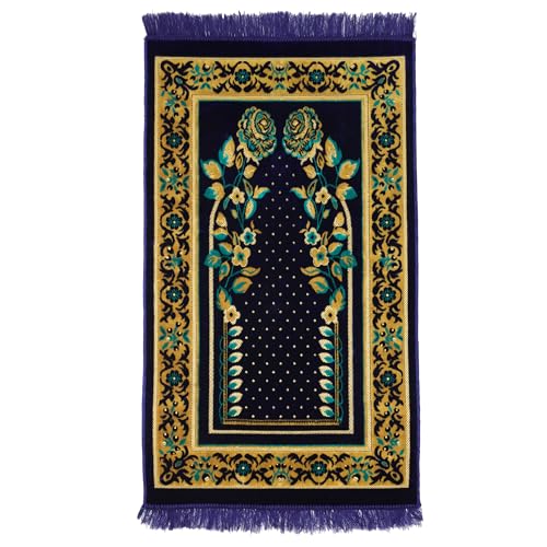 Muslim Prayer Rug, Soft Plush Thin Islamic Prayer Mat, Janamaz, Sajada, Praying Carpet, Islamic Gift for Men & Women, Islamic Mat, Eid & Ramadan Gift with Prayer Beads, 26x43 inch, Blue - color: Tabuk / Royal Blue